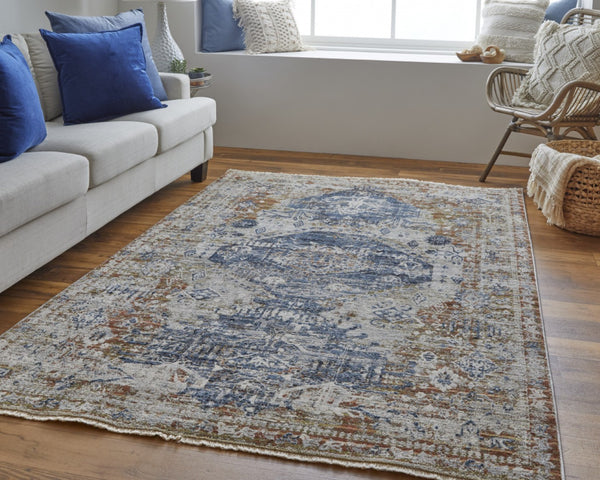 HomeRoots 5' Distressed Oriental Area Rug in Gray-Blue and Burnt Orange with Fringed Tassels for Warmth 12' X 15' 514028