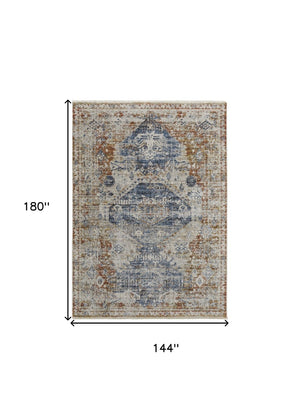 HomeRoots 5' Distressed Oriental Area Rug in Gray-Blue and Burnt Orange with Fringed Tassels for Warmth 12' X 15' 514028