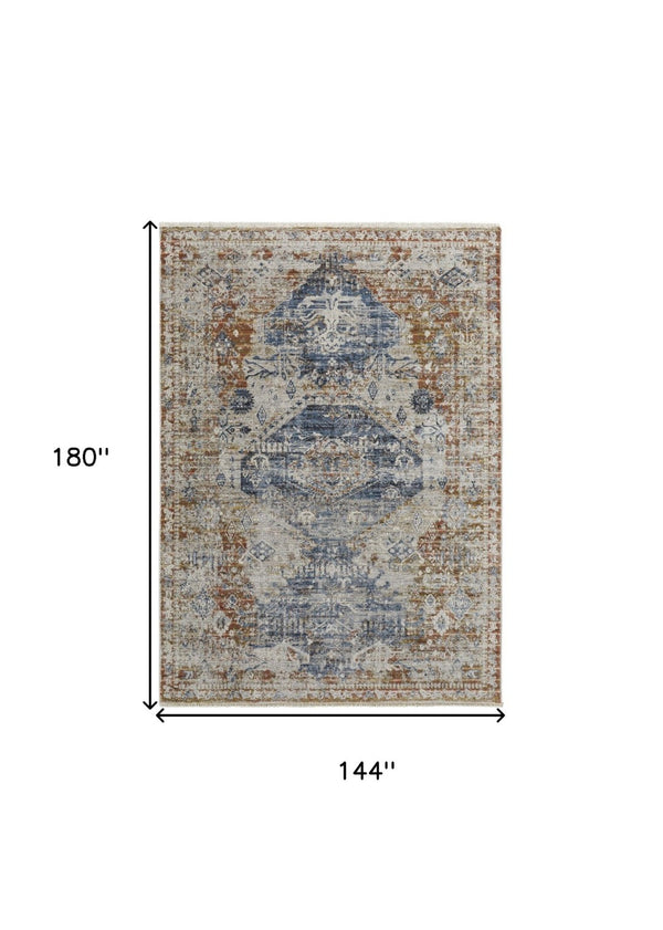 HomeRoots 5' Distressed Oriental Area Rug in Gray-Blue and Burnt Orange with Fringed Tassels for Warmth 12' X 15' 514028