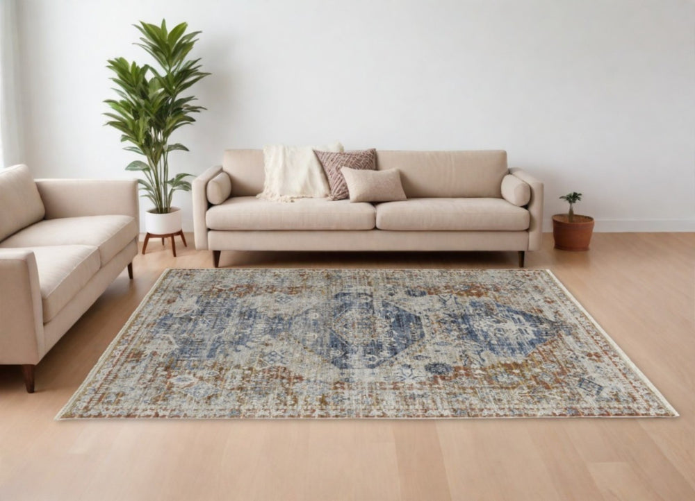 HomeRoots 5' Distressed Oriental Area Rug in Gray-Blue and Burnt Orange with Fringed Tassels for Warmth 12' X 15' 514028