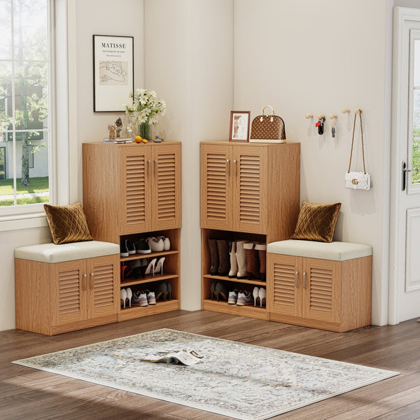 English Elm Multi Functional Shoe Storage Cabinet with Bench and Cushion, 7+3 Adjustable Panels, Ventilated Design for Entryway Oak 51.97 L x 17.32 W x 10.24 H W2948P242706