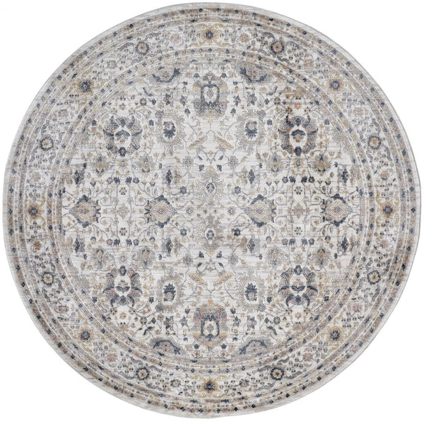 Homeroots 6' Tan Ivory And Blue Round Floral Stain Resistant Area Rug  Polypropylene 514086