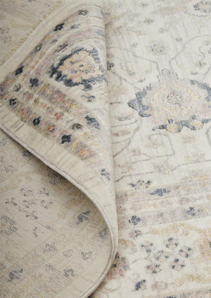 Homeroots 6' Tan Ivory And Blue Round Floral Stain Resistant Area Rug  Polypropylene 514086