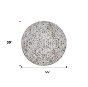 Homeroots 6' Tan Ivory And Blue Round Floral Stain Resistant Area Rug  Polypropylene 514086