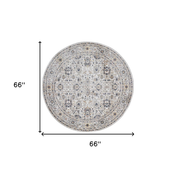 Homeroots 6' Tan Ivory And Blue Round Floral Stain Resistant Area Rug  Polypropylene 514086