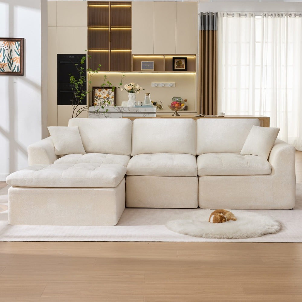 English Elm 110" Chenille Cloud Sectional Sofa Modular L-shape Deep Seat with Convertible Ottoman Beige W1521S00087