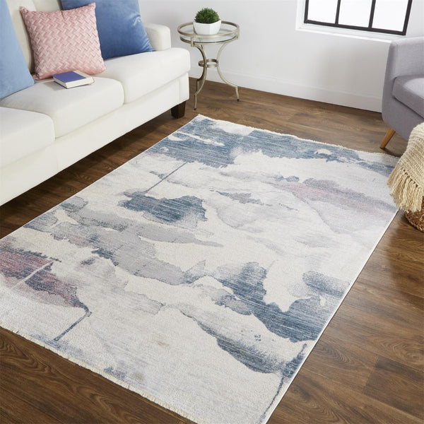 HomeRoots 9' Elegant Abstract Area Rug in Ivory, Blue, and Pink - Stain Resistant for Modern Homes & Families 9' X 13' 514104