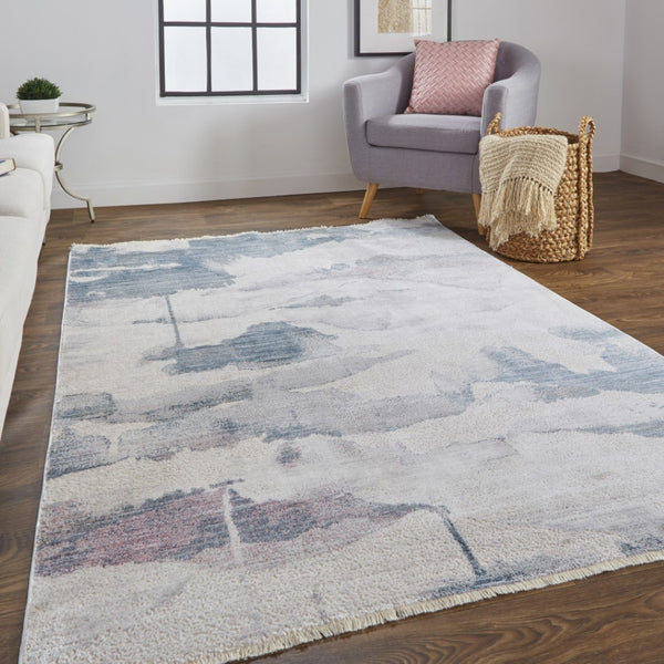 HomeRoots 9' Elegant Abstract Area Rug in Ivory, Blue, and Pink - Stain Resistant for Modern Homes & Families 9' X 13' 514104