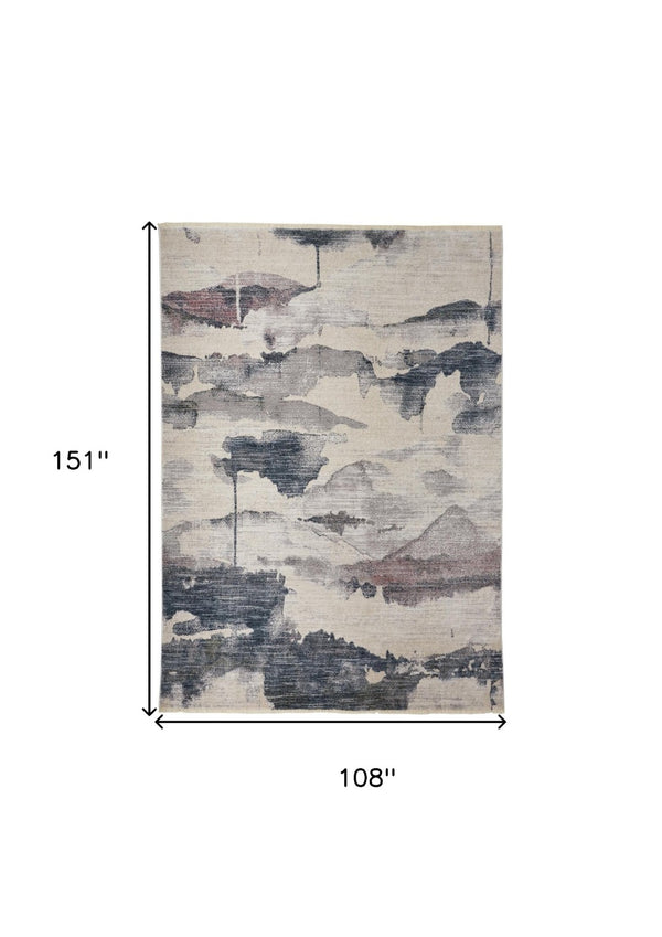 HomeRoots 9' Elegant Abstract Area Rug in Ivory, Blue, and Pink - Stain Resistant for Modern Homes & Families 9' X 13' 514104