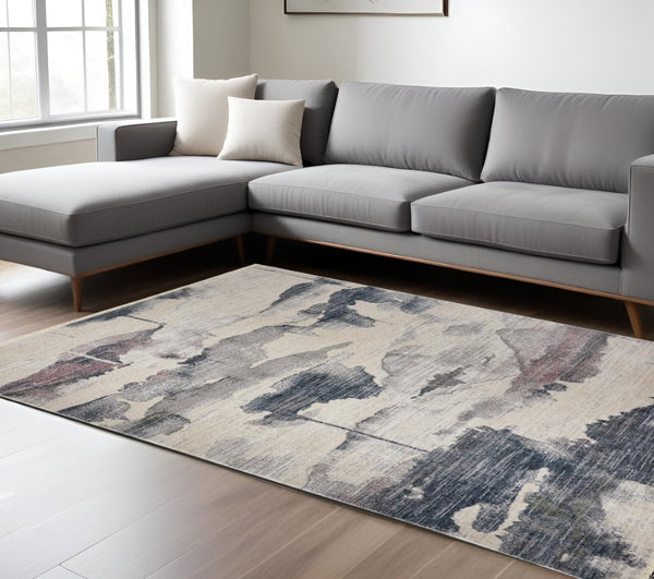 HomeRoots 9' Elegant Abstract Area Rug in Ivory, Blue, and Pink - Stain Resistant for Modern Homes & Families 9' X 13' 514104
