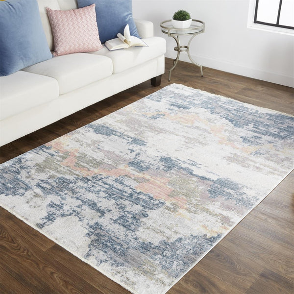 HomeRoots 8' Blue and Ivory Abstract Area Rug - Stylish, Durable, Non-Skid Design for Modern Living Spaces 8' X 10' 514117