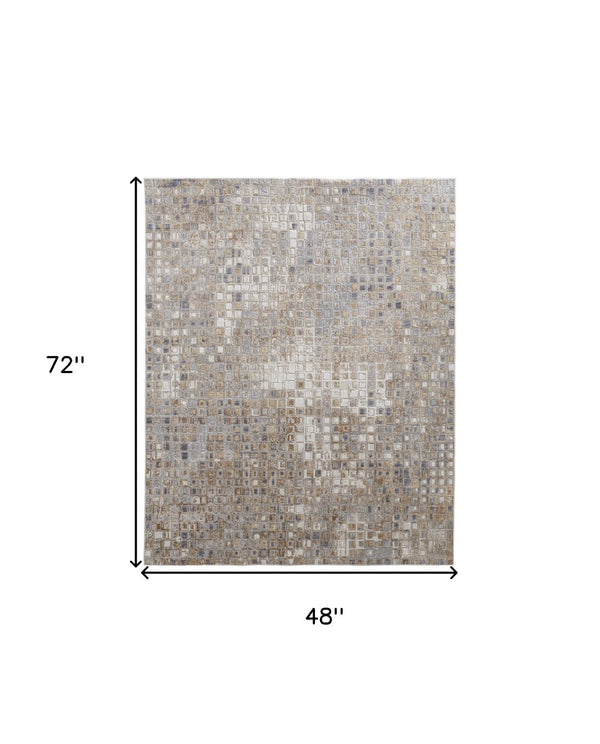 HomeRoots 4' Tan Ivory Blue Geometric Distressed Area Rug - Timeless Elegance for Modern & Classic Spaces 4' X 6' 514122