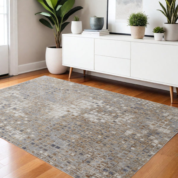 HomeRoots 4' Tan Ivory Blue Geometric Distressed Area Rug - Timeless Elegance for Modern & Classic Spaces 4' X 6' 514122