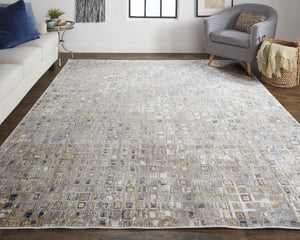 HomeRoots 4' Tan Ivory Blue Geometric Distressed Area Rug - Timeless Elegance for Modern & Classic Spaces 4' X 6' 514122