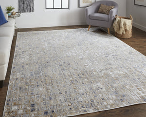 HomeRoots 4' Tan Ivory Blue Geometric Distressed Area Rug - Timeless Elegance for Modern & Classic Spaces 4' X 6' 514122