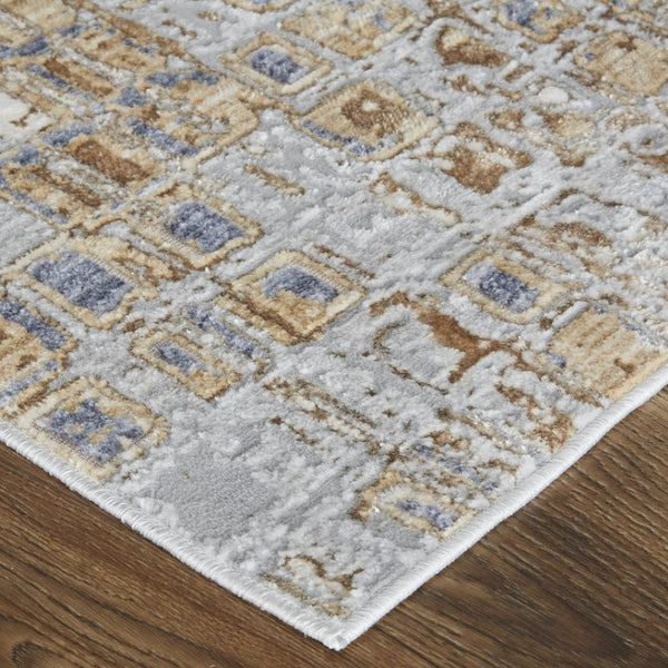 HomeRoots 4' Tan Ivory Blue Geometric Distressed Area Rug - Timeless Elegance for Modern & Classic Spaces 4' X 6' 514122