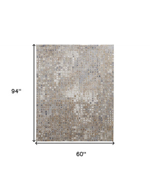 HomeRoots 4' Tan Ivory Blue Geometric Distressed Area Rug - Timeless Elegance for Modern & Classic Spaces 5' X 8' 514123