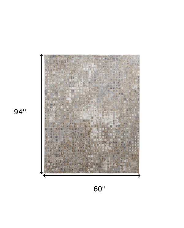 HomeRoots 4' Tan Ivory Blue Geometric Distressed Area Rug - Timeless Elegance for Modern & Classic Spaces 5' X 8' 514123