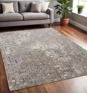 HomeRoots 4' Tan Ivory Blue Geometric Distressed Area Rug - Timeless Elegance for Modern & Classic Spaces 5' X 8' 514123