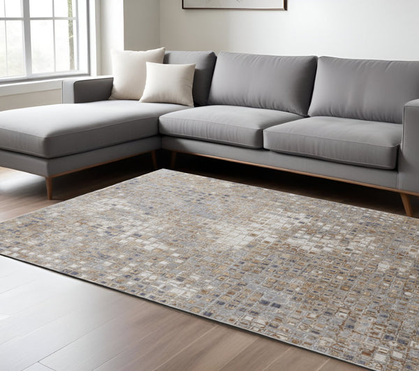 HomeRoots 4' Tan Ivory Blue Geometric Distressed Area Rug - Timeless Elegance for Modern & Classic Spaces 8' X 10' 514124