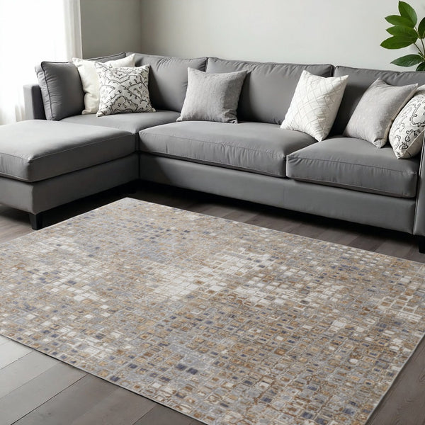 HomeRoots 4' Tan Ivory Blue Geometric Distressed Area Rug - Timeless Elegance for Modern & Classic Spaces 10' X 13' 514125