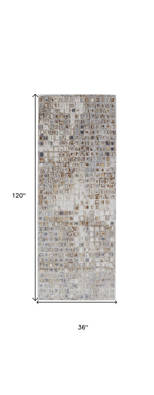 HomeRoots 4' Tan Ivory Blue Geometric Distressed Area Rug - Timeless Elegance for Modern & Classic Spaces 10' Runner 514126