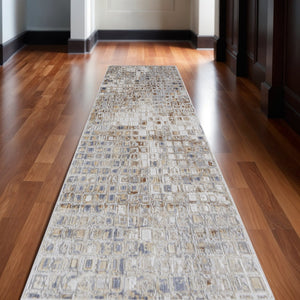 HomeRoots 4' Tan Ivory Blue Geometric Distressed Area Rug - Timeless Elegance for Modern & Classic Spaces 10' Runner 514126