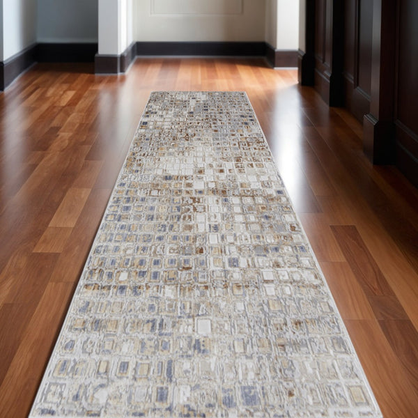 HomeRoots 4' Tan Ivory Blue Geometric Distressed Area Rug - Timeless Elegance for Modern & Classic Spaces 10' Runner 514126