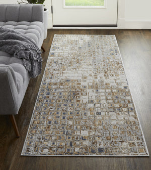 HomeRoots 4' Tan Ivory Blue Geometric Distressed Area Rug - Timeless Elegance for Modern & Classic Spaces 8' Runner 514127