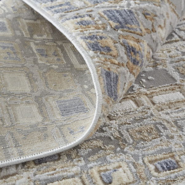 HomeRoots 4' Tan Ivory Blue Geometric Distressed Area Rug - Timeless Elegance for Modern & Classic Spaces 8' Runner 514127