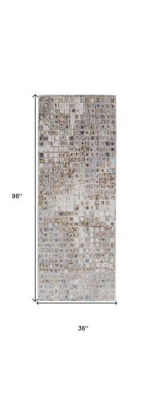 HomeRoots 4' Tan Ivory Blue Geometric Distressed Area Rug - Timeless Elegance for Modern & Classic Spaces 8' Runner 514127