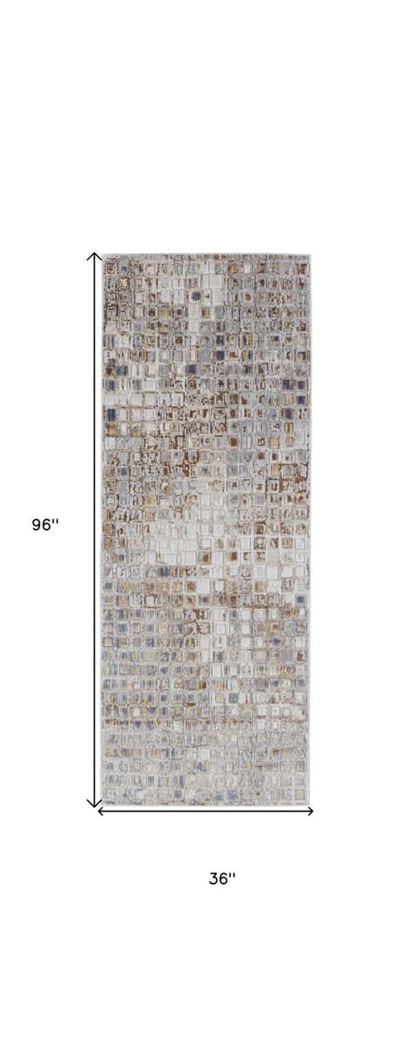 HomeRoots 4' Tan Ivory Blue Geometric Distressed Area Rug - Timeless Elegance for Modern & Classic Spaces 8' Runner 514127