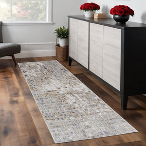 HomeRoots 4' Tan Ivory Blue Geometric Distressed Area Rug - Timeless Elegance for Modern & Classic Spaces 8' Runner 514127