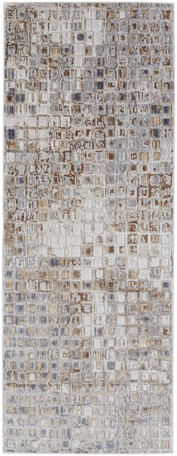 HomeRoots 4' Tan Ivory Blue Geometric Distressed Area Rug - Timeless Elegance for Modern & Classic Spaces 12' Runner 514128