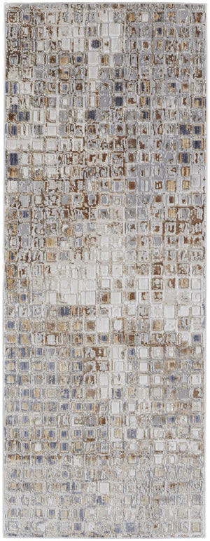 HomeRoots 4' Tan Ivory Blue Geometric Distressed Area Rug - Timeless Elegance for Modern & Classic Spaces 12' Runner 514128