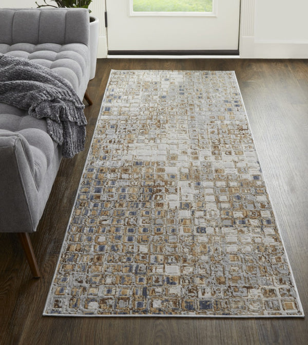 HomeRoots 4' Tan Ivory Blue Geometric Distressed Area Rug - Timeless Elegance for Modern & Classic Spaces 12' Runner 514128