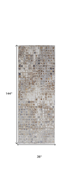 HomeRoots 4' Tan Ivory Blue Geometric Distressed Area Rug - Timeless Elegance for Modern & Classic Spaces 12' Runner 514128
