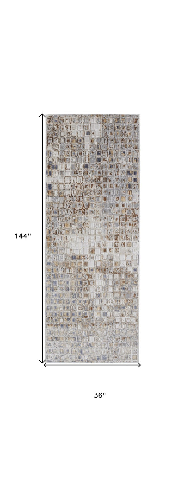 HomeRoots 4' Tan Ivory Blue Geometric Distressed Area Rug - Timeless Elegance for Modern & Classic Spaces 12' Runner 514128