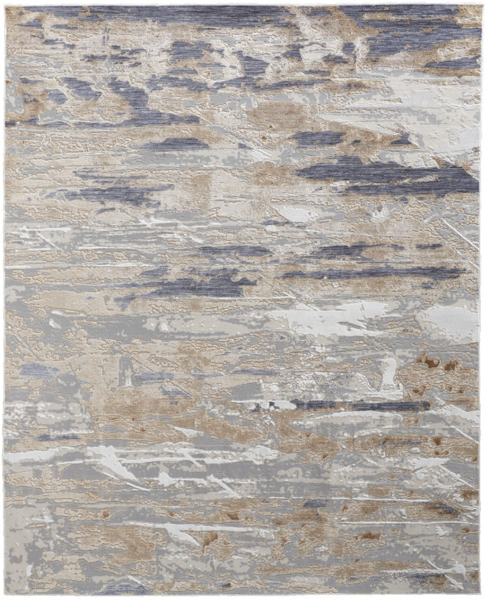 HomeRoots 4' Enhance Your Space with a Tan Ivory and Blue Abstract Distressed Area Rug for Modern Decor 5' X 8' 514132