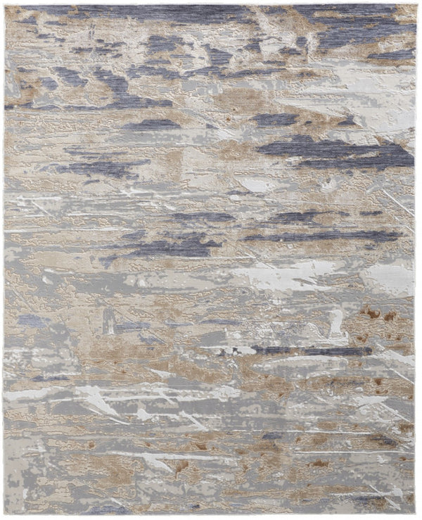 HomeRoots 4' Enhance Your Space with a Tan Ivory and Blue Abstract Distressed Area Rug for Modern Decor 8' X 10' 514133