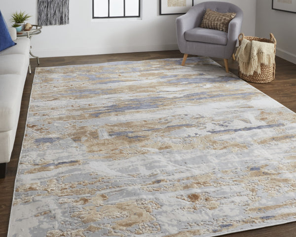 HomeRoots 4' Enhance Your Space with a Tan Ivory and Blue Abstract Distressed Area Rug for Modern Decor 8' X 10' 514133