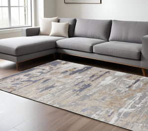 HomeRoots 4' Enhance Your Space with a Tan Ivory and Blue Abstract Distressed Area Rug for Modern Decor 8' X 10' 514133