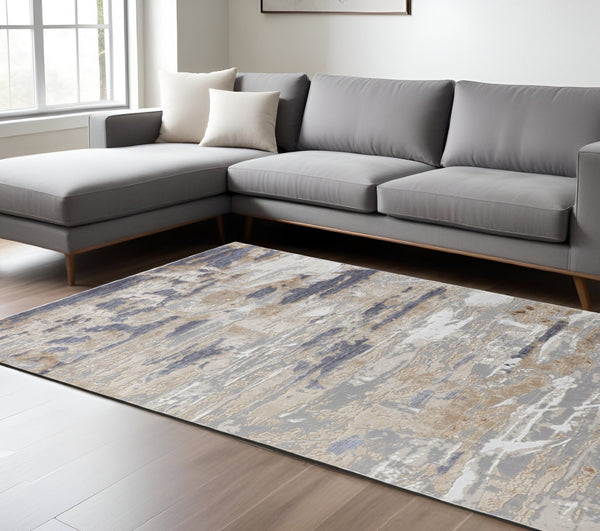 HomeRoots 4' Enhance Your Space with a Tan Ivory and Blue Abstract Distressed Area Rug for Modern Decor 8' X 10' 514133