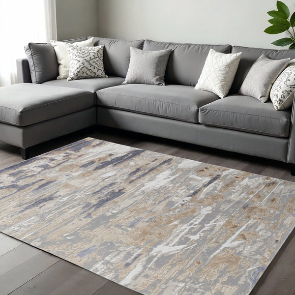 HomeRoots 4' Enhance Your Space with a Tan Ivory and Blue Abstract Distressed Area Rug for Modern Decor 10' X 13' 514134