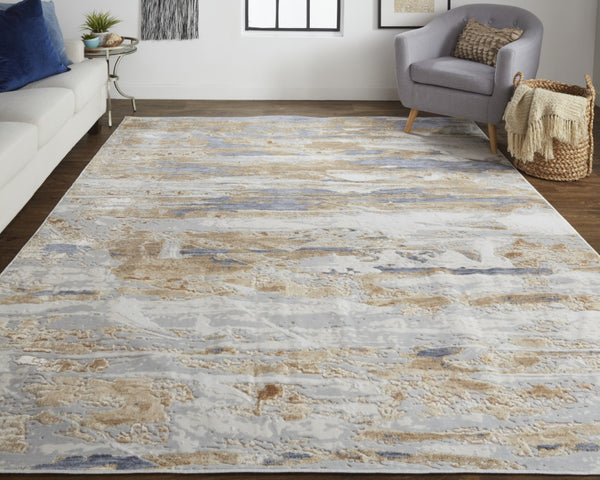 HomeRoots 4' Enhance Your Space with a Tan Ivory and Blue Abstract Distressed Area Rug for Modern Decor 10' X 13' 514134