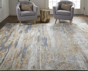 HomeRoots 4' Enhance Your Space with a Tan Ivory and Blue Abstract Distressed Area Rug for Modern Decor 10' X 13' 514134