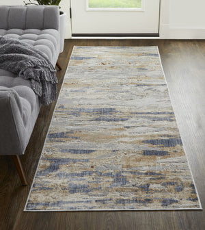 HomeRoots 4' Enhance Your Space with a Tan Ivory and Blue Abstract Distressed Area Rug for Modern Decor 10' Runner 514135