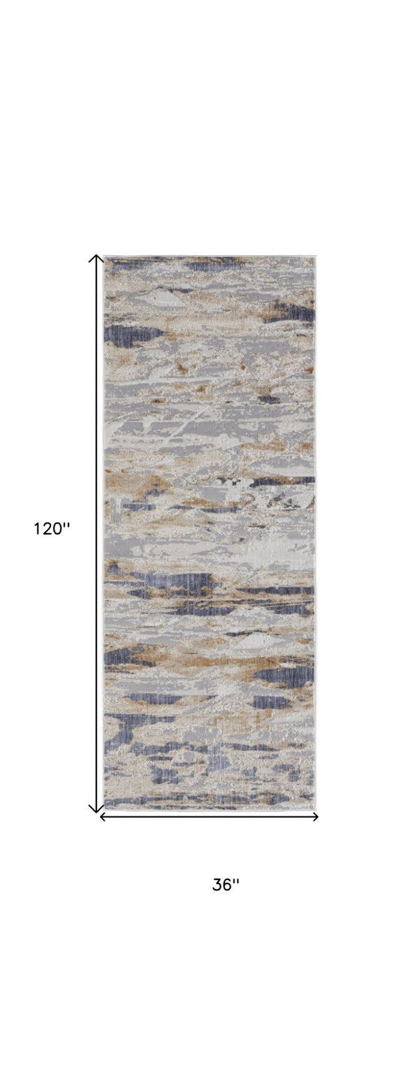HomeRoots 4' Enhance Your Space with a Tan Ivory and Blue Abstract Distressed Area Rug for Modern Decor 10' Runner 514135