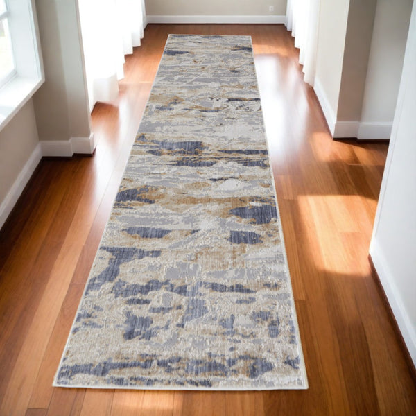 HomeRoots 4' Enhance Your Space with a Tan Ivory and Blue Abstract Distressed Area Rug for Modern Decor 10' Runner 514135