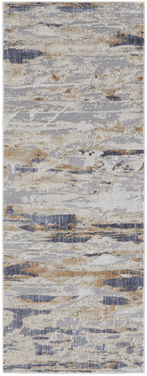 HomeRoots 4' Enhance Your Space with a Tan Ivory and Blue Abstract Distressed Area Rug for Modern Decor 8' Runner 514136